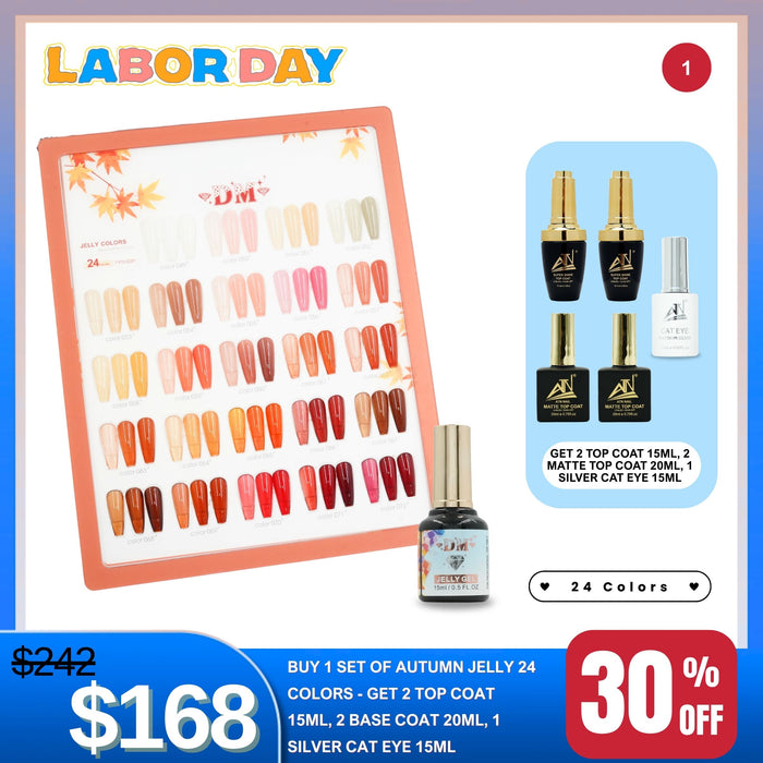 Labor Day - Autumn Jelly Gel Set – 24 Colors + Free 2 Top Coat 15ml, 2 Matte Top Coat 20ml, 1 Silver Cat Eye 15ml