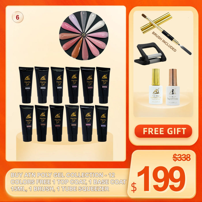 FS0916 - ATN Poly Gel Collection – 12 Colors | Free Top Coat, Base Coat, Brush & Tube Squeezer