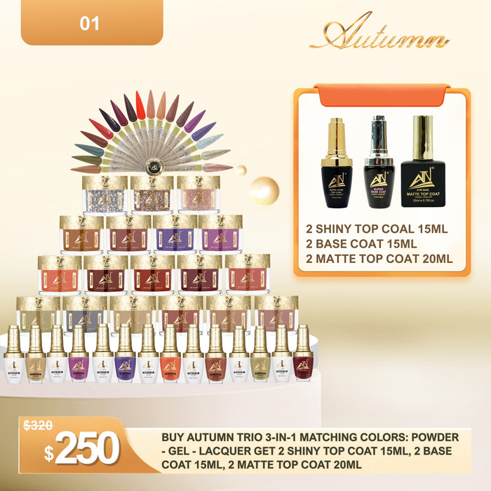 Mid-Autumn Festival – Buy Autumn Trio 3-in-1 Matching Colors Powder + Gel + Lacquer, Get Free Top & Base Coats