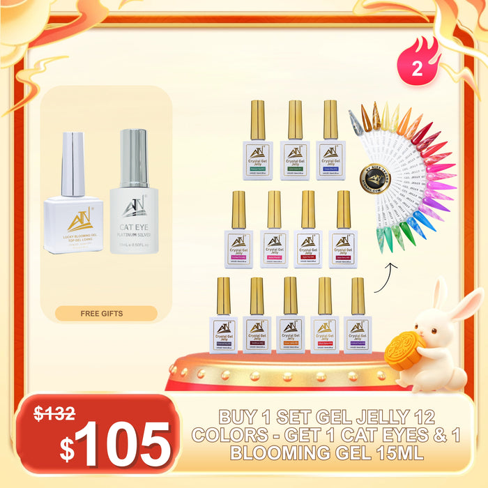 FS0923 – BUY 1 GEL JELLY 12 COLORS GET 1 SILVER CAT EYE, 1 LUCKY BLOOMING GELL 15ML