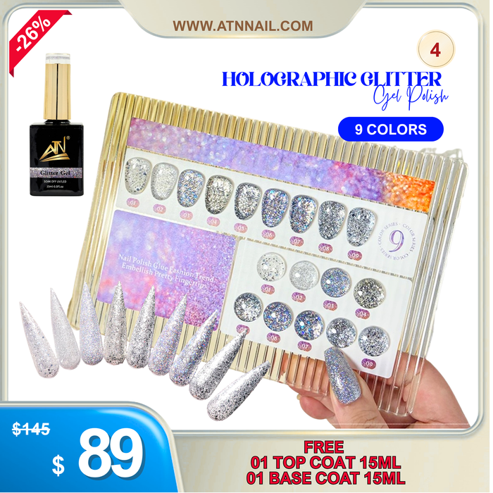 FS0729 - Buy Holographic Glitter gel polish 09 colors (LP01) free 01 Top 15ml new + 01 Base 15ml new (4)
