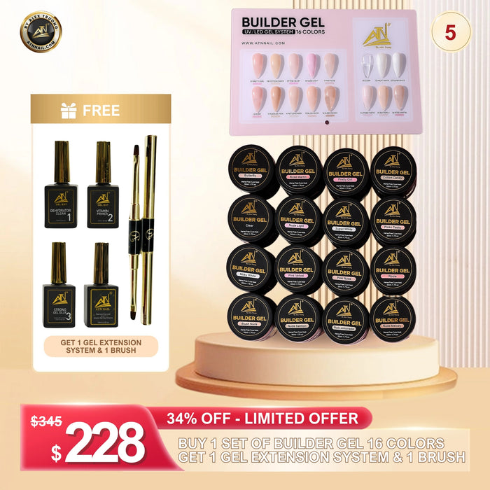 FS0815 – BUY 1 SET BUILDER GEL 16 COLORS – GET 1 GEL EXTENSION SYSTEM & 1 BRUSH FREE