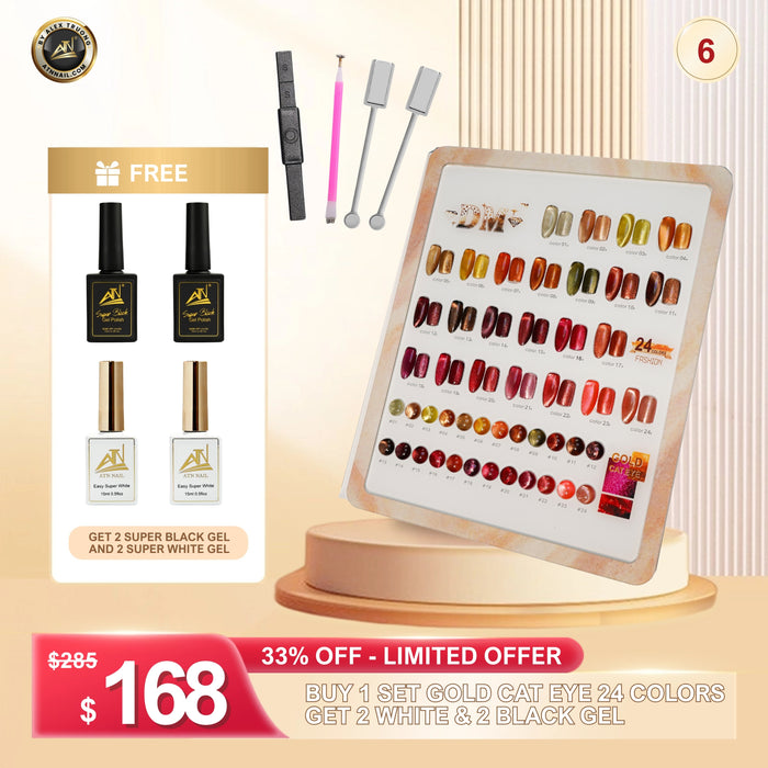 FS0815 – BUY 1 SET GOLD CAT EYE 24 COLORS – GET 2 WHITE & 2 BLACK GEL FREE