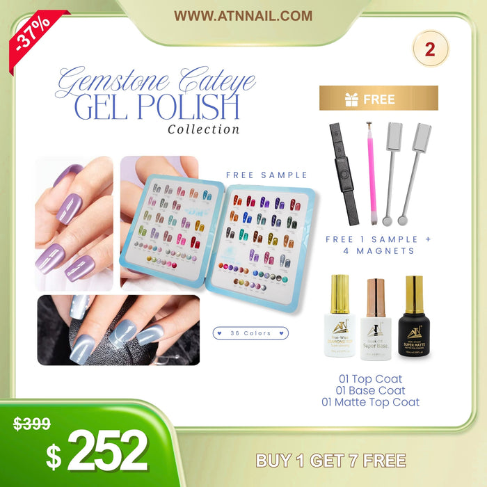 FS0723 - Gemstone Cat Eye 36 colors Gel Polish FREE 1 Top new 15ml, 1 Base new 15ml, 1 Matte top 15ml, Free Magnet- DEAL 02