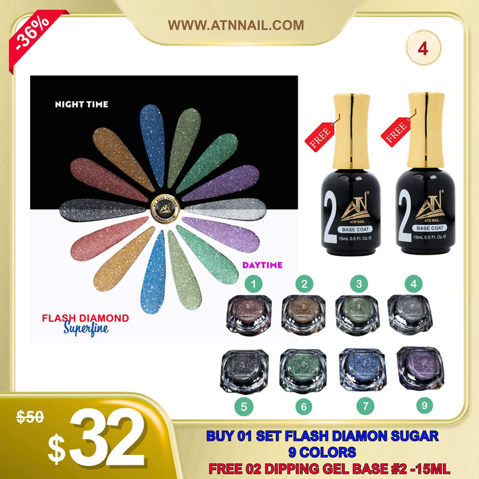 FS0807 - Flash Diamond Sugar 9 Colors - Tặng 2 Dipping Gel + 1 Ombre Base Gel