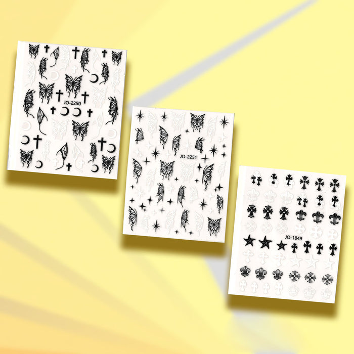 STICKER - BUTTERFLY & CROSS - WHITE _ BLACK | SET 3 PCS