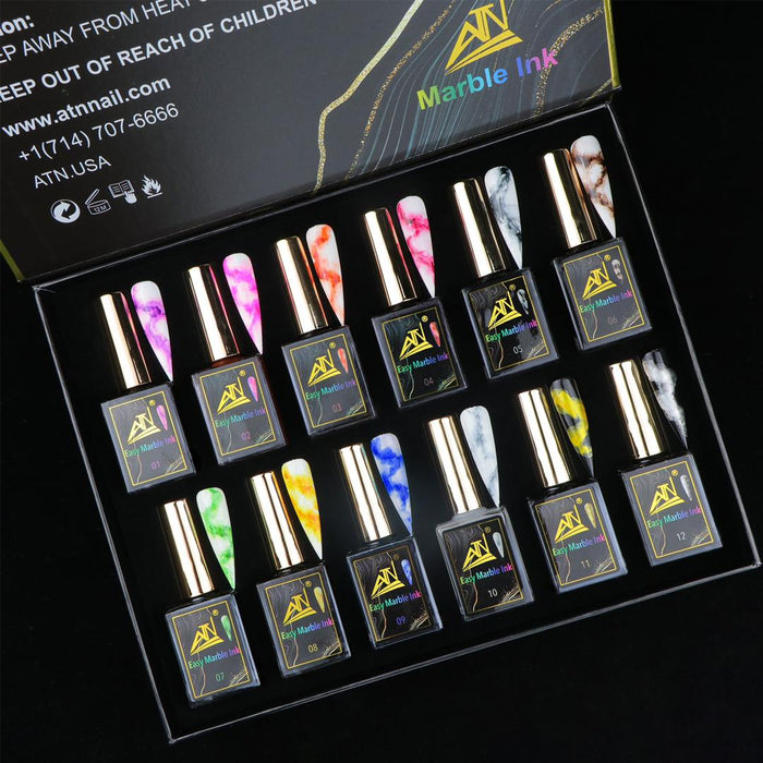 ATN Marble Ink (12 Colors) - Includes 1 Blooming Gel + 1 Matte Top Coat