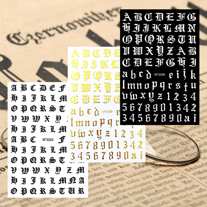 STICKER - OLD ENGLISH ALPHABET Black & White & Gold - NEW 2022 | SET 3 PCS