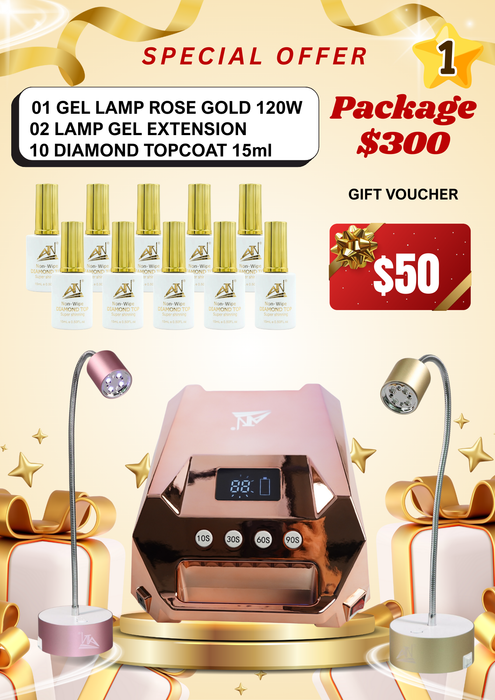 Package 1: Combo 01 Gel Lamp 120W & 02 Lamp gel extension & 10 Diamond Topcoat 15ml & Gift Voucher