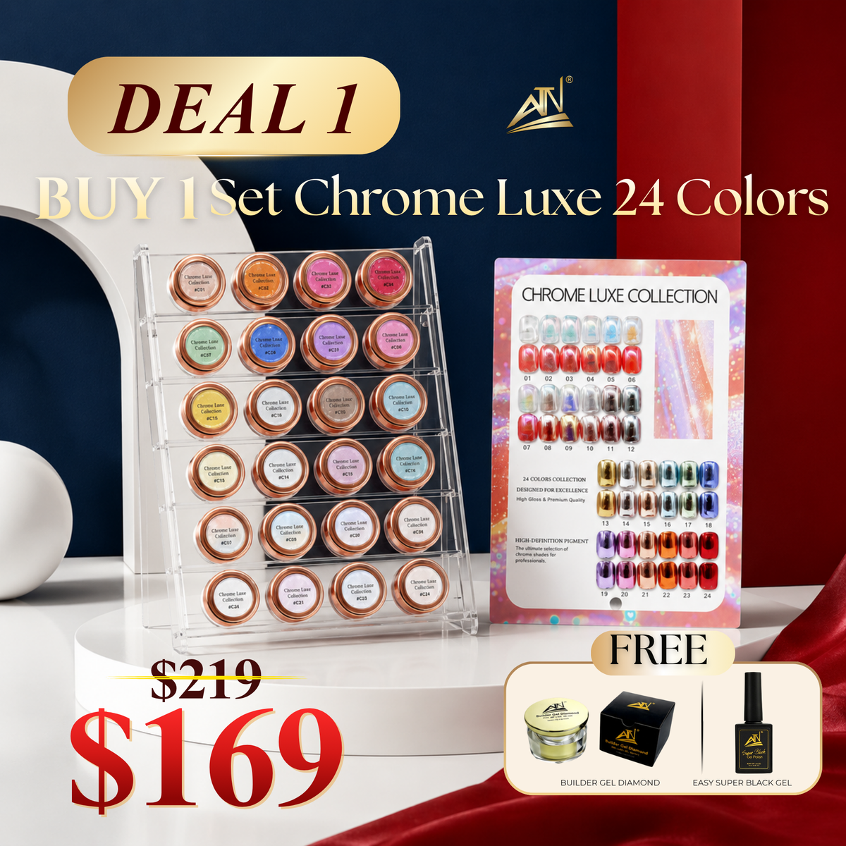 DEAL 1: BUY 1 SET CHROME LUXE 24 COLORS GET 1 BUILDER GEL DIAMOND + 1 SUPER BLACK GEL
