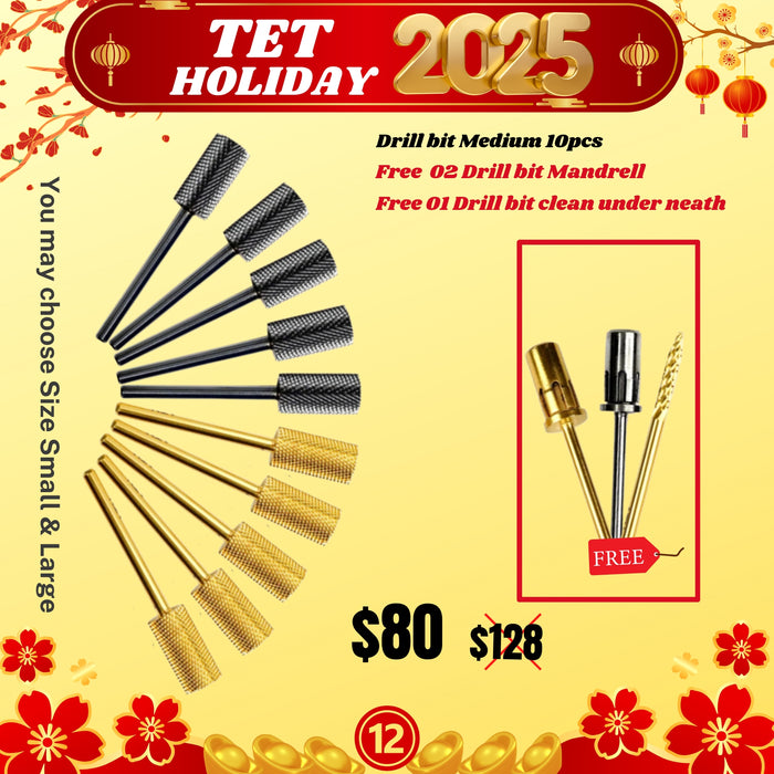 Tet Holiday 2025 - Drill bit Medium 10pcs Free 02 Drill bit Mandrell Free 01 Drill bit clean under neath