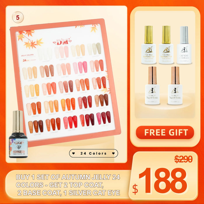 FS0916 - ATN Autumn Jelly Gel Polish Set – 24 Colors | Free Top Coat, Base Coat & Silver Cat Eye