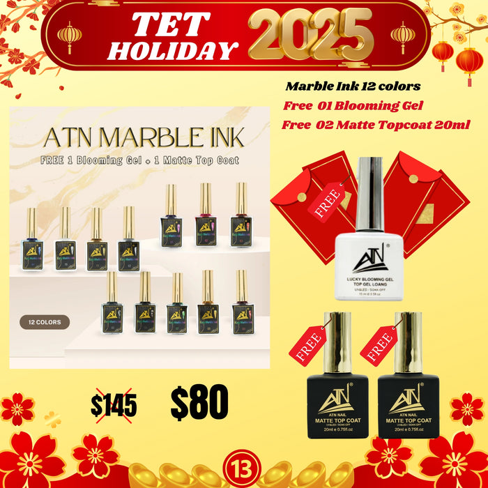 Tet Holiday 2025 - Marble Ink 12 colors Free  01 Blooming Gel Free  02 Matte Topcoat 20ml