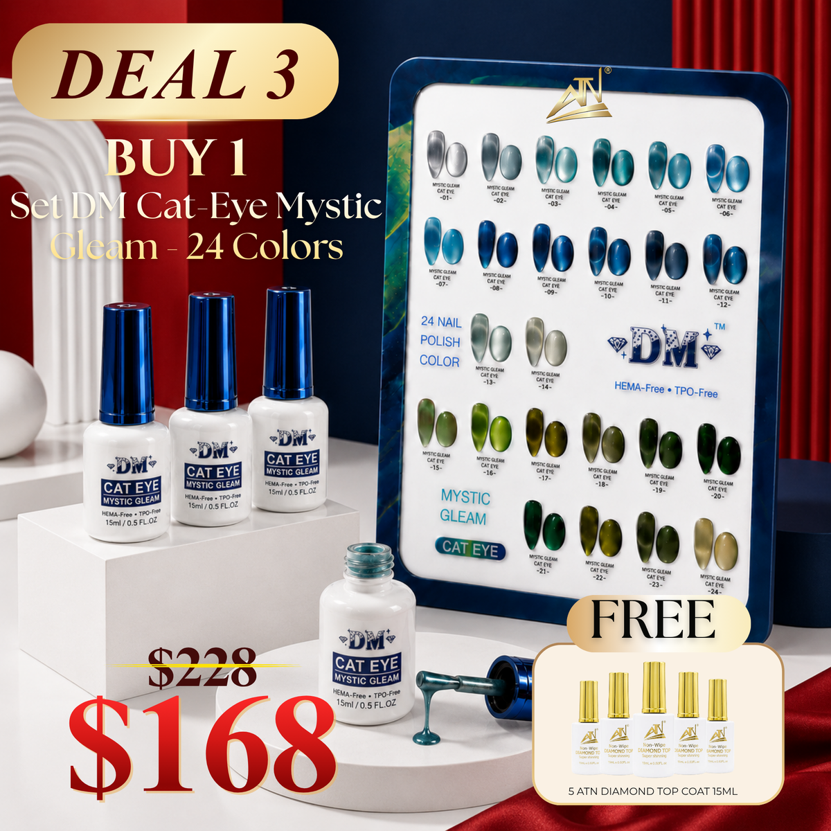 DEAL 3: BUY SET DM CAT-EYE MYSTIC GLEAM 24 COLORS FREE 5 DIAMOND TOP COAT 15ML