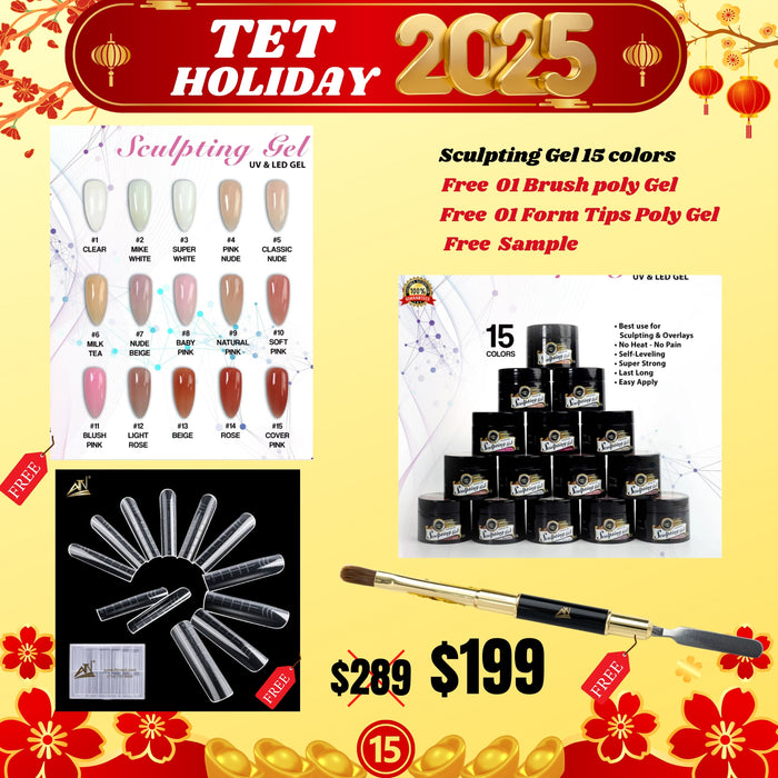 Tet Holiday 2025 - Sculpting Gel 15 colors Free Sample, 01 Brush poly Gel, 01 Form Tips Poly Gel