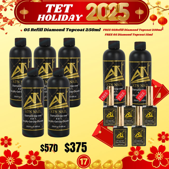 Tet Holiday 2025 - 05 Refill Diamond Topcoat 250ml - FREE 02 Refill Diamond Topcoat 250ml, 05 Diamond Topcoat 15ml