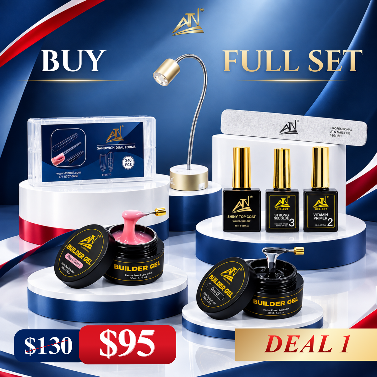 DEAL 1: 1 ATN Magic Desktop Nail Lamp 12W + 1 Builder Gel #01 Clear + 1 Builder Gel #07 Pretty Girl + 1 Nail File Square White 180/180 + 1 Gel X #2 15ml+ 1 Gel X #3 15ml + 1 Shiny Top Coat 20ml
