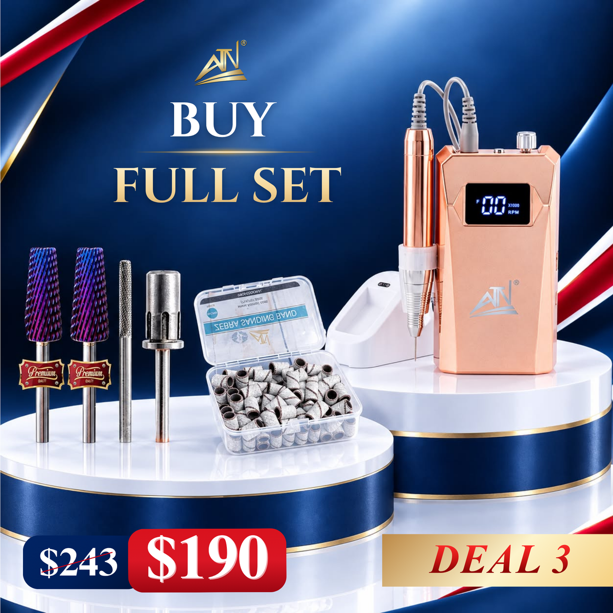 DEAL 3: 1 ATN Smart Brushless Nail Drill Machine + 2 Drill Bit M 5 in 1 Purple (Blue Tag) + 1 Drill Bit Mini Smooth Cuticle Silver + 1 Drill Bit Mandrel Silver + 1 Zebra Sanding Band M 100pcs/Box