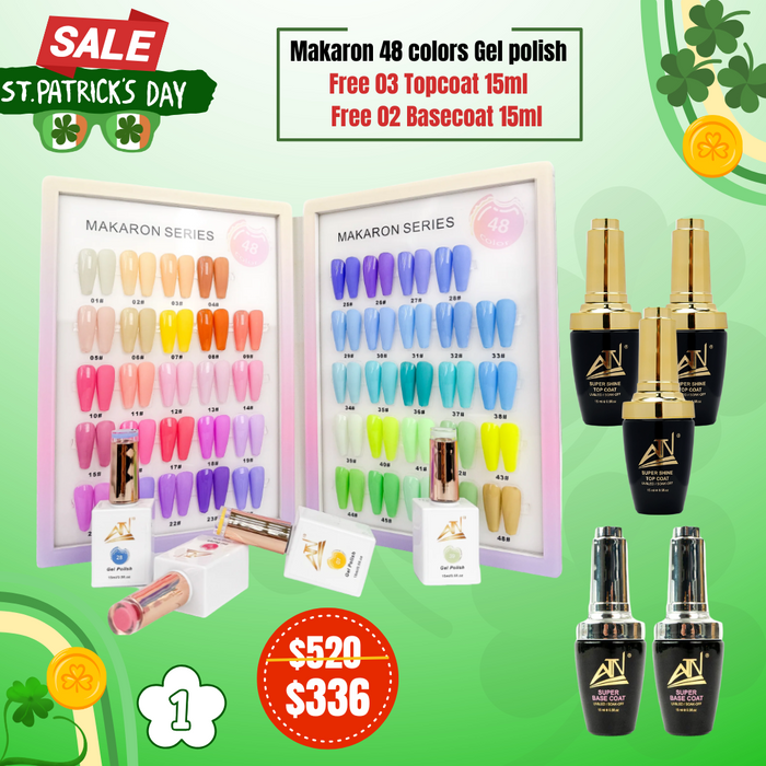 PD01 - Buy set Makaron 48 Colors Gel Polish Free 03 Topcoat 15ml & Free 02 Base coat 15ml , Free Sample & Free Shipping