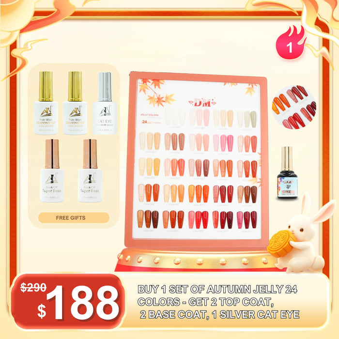 FS0923 – BUY 1 AUTUMN JELLY 24 COLORS GET 2 TOP COAT, 2 BASE COAT, 1 SILVER CAT EYE
