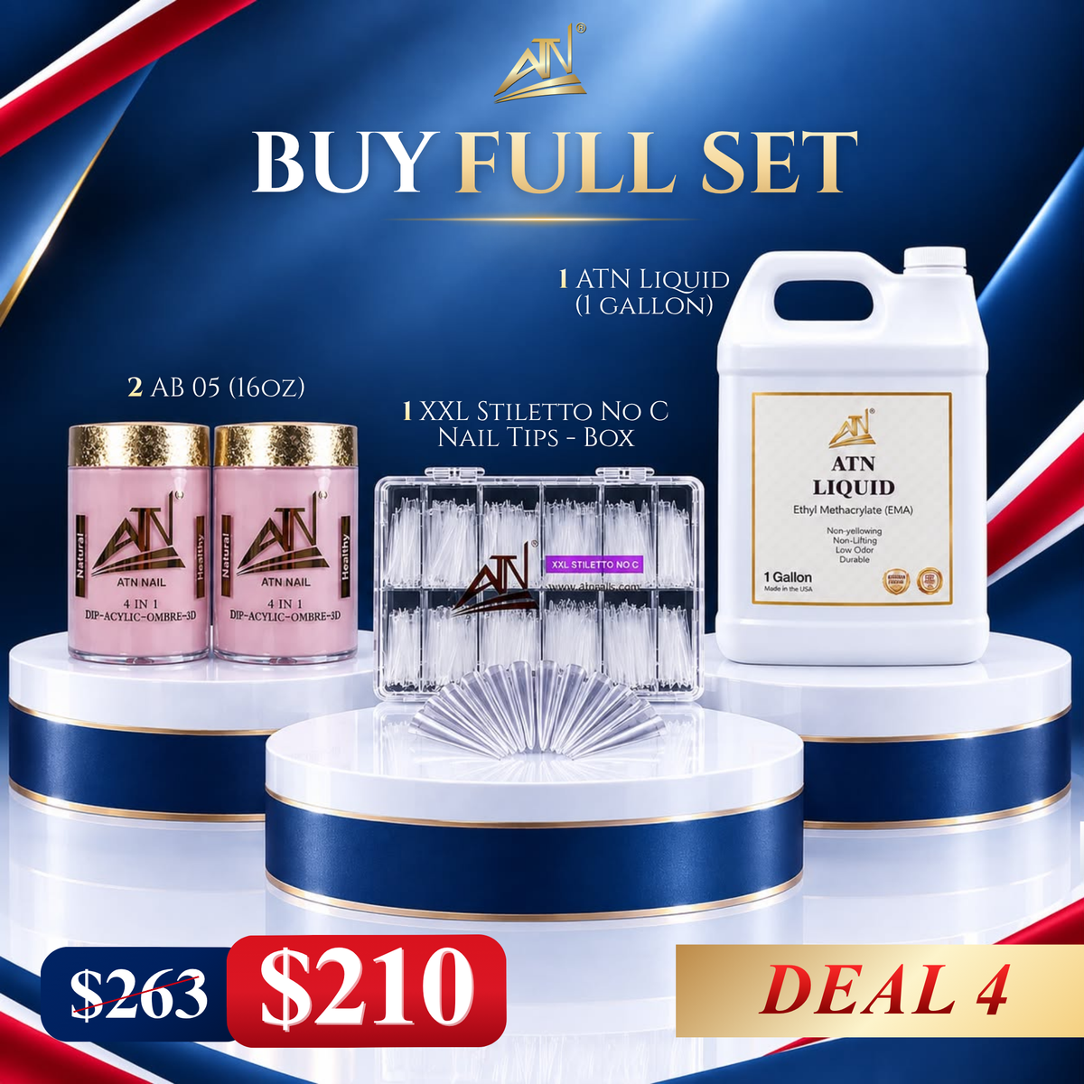 DEAL 4: 2 Bột AB05-Zinnia 16oz + 1 ATN Liquid 1 Gallon + 1 Box XXL Stiletto No C Nail Tips - Clear