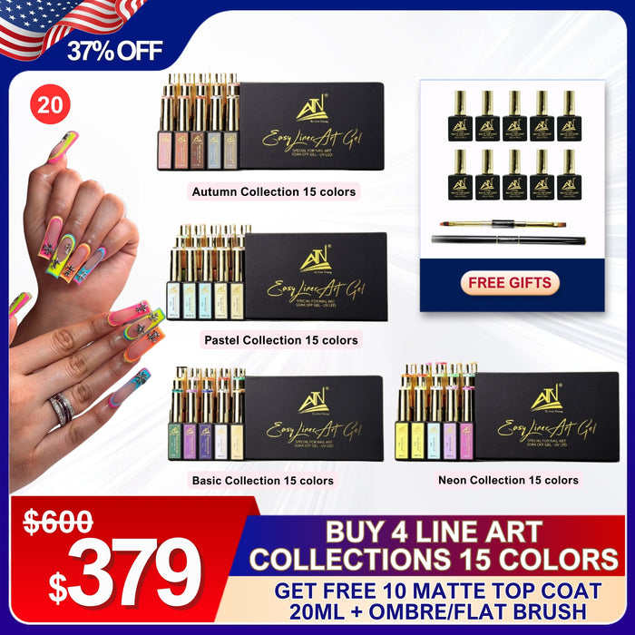 [JULY 4TH] Buy 4 Line Art Gel Collections – Get 10 Matte Top Coats + Brush O & F  FREE (20)