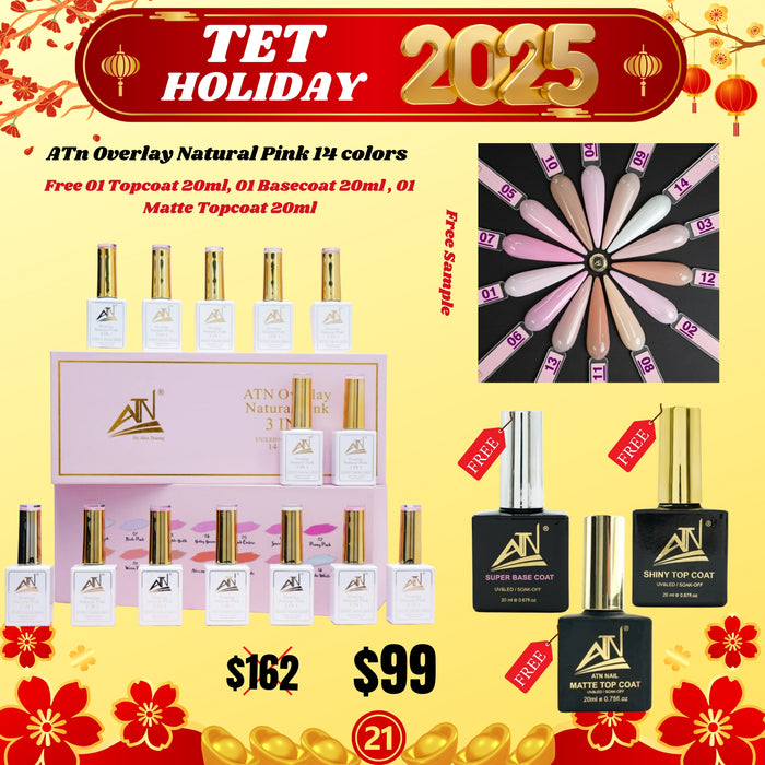 Tet Holiday 2025 - ATN Overlay Natural Pink 14 colors - Free 01 Topcoat 20ml, 01 Basecoat 20ml, 01 Matte Topcoat 20ml