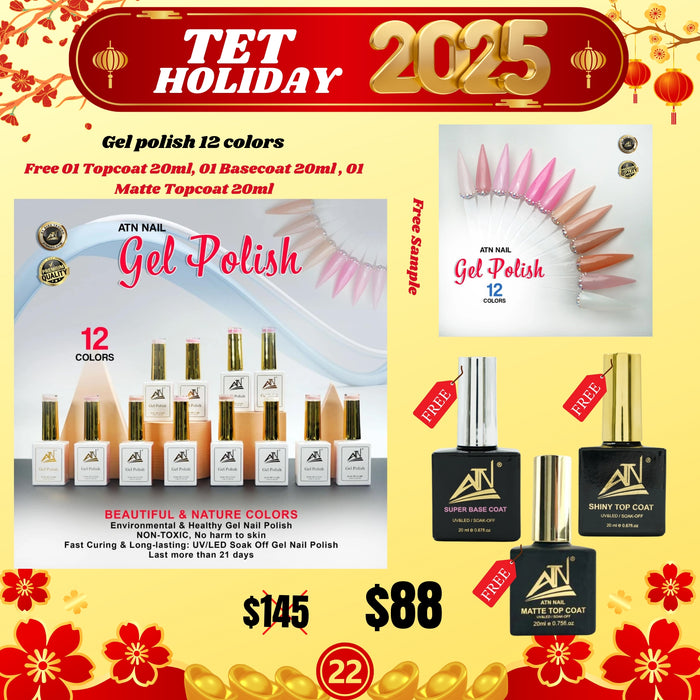 Tet Holiday 2025 - Gel polish 12 colors - Free 01 Topcoat 20ml, 01 Basecoat 20ml , 01 Matte Topcoat 20ml