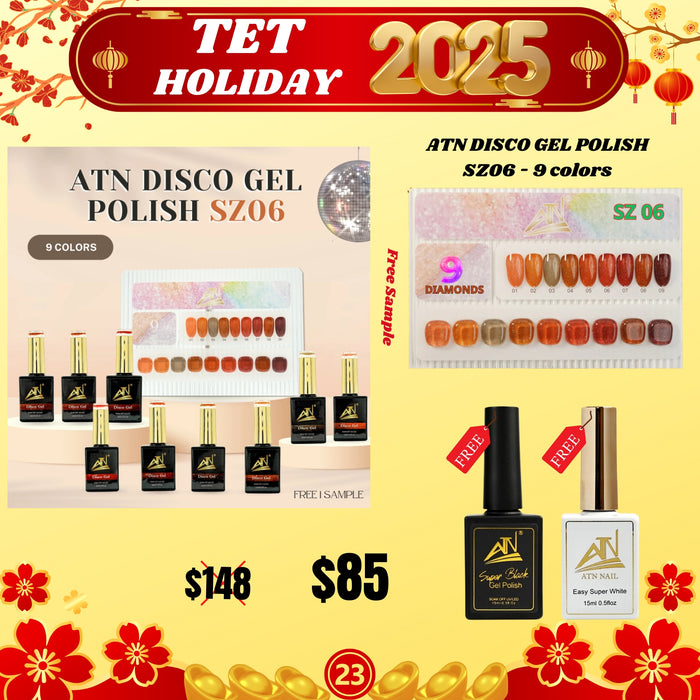 Tet Holiday 2025 - ATN DISCO GEL POLISH SZ06 - 9 colors -  Free 1 Gel Black+White, Free Sample