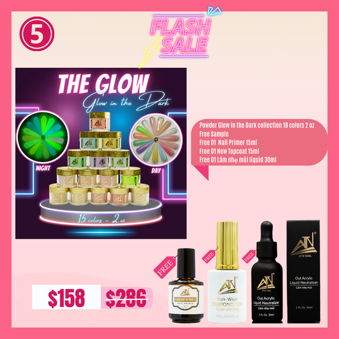 FS05 Glow in the Dark Powder collection 18 colors Free Sample, Free 01 Primer 15ml, Free 01 New Diamond Top coat 15ml, Free 01 Liquid Monomer ODOR OUT (Làm Nhẹ mùi Liquid )