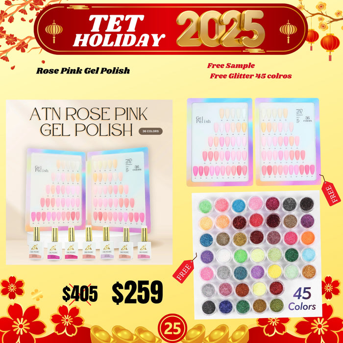 Tet Holiday 2025 - Rose Pink Gel Polish Free Sample Free Glitter 45 colros