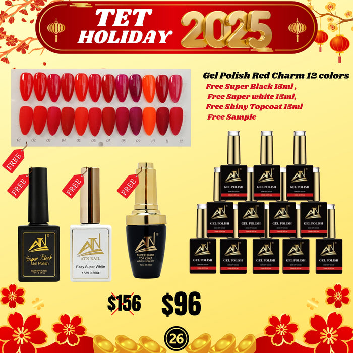 Tet Holiday 2025 - Gel Polish Red Charm 12 colors - Free Super Black 15ml ,  Free Super white 15ml, Shiny Topcoat 15ml, Sample