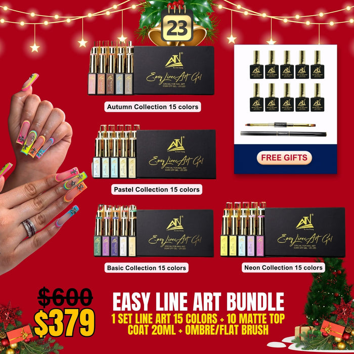 Easy Line Art Bundle | 1 Set 15 Colors + 10 Matte Top Coat 20ml + Ombre/Flat Brush