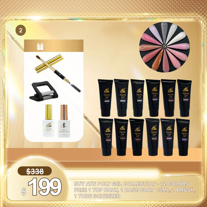 FS0926 -Buy ATN POLY GEL Collection - 12 colors Free 1 top coat, 1 base coat  15ml, 1 brush, 1 tube Squeezern System (Free)  1 Professional Nail Brush (Free)