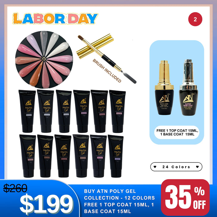 Labor Day - ATN Poly Gel Collection – 12 Colors + Free Brush, 1 Top Coat 15ml, 1 Base Coat 15ml