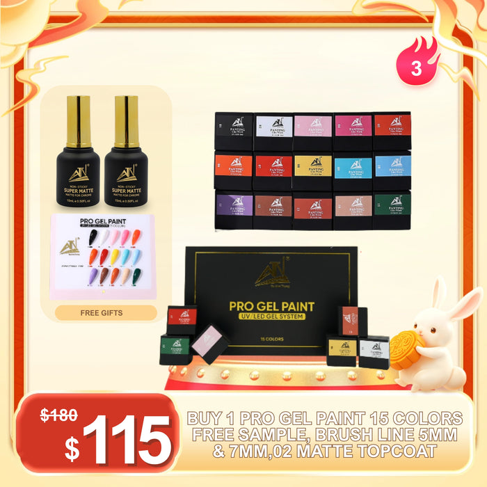 FS0923 – BUY 1 PRO GEL PAINT 15 COLORS GET FREE SAMPLE, LINER BRUSH 5MM & 7MM, 2 MATTE TOP COATS