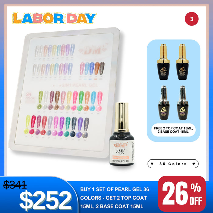 Labor Day - Pearl Gel Set – 36 Colors + Free 2 Top Coat 15ml, 2 Base Coat 15ml