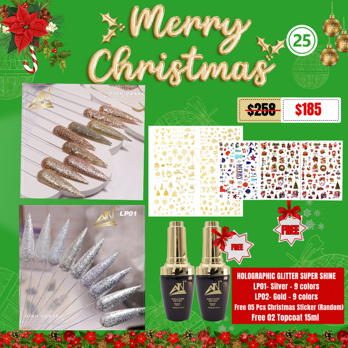 CHRISTMAS 2024 - HOLOGRAPHIC GLITTER SUPER SHINE LP01-SILVER 9 COLORS & LP02-GOLD 9 COLORS- FREE 05PCS CHRISTMAS STICKER RANDOM & FREE 02 TOP COAT 15ML (25)