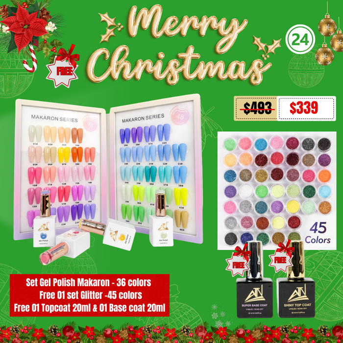 CHRISTMAS 2024 - SET GEL POLISH MAKARON 36 COLORS- FREE 01 SET GLITTER 45 COLORS FREE 01 TOP COAT 20ML & 01 BASE COAT 20ML (24)