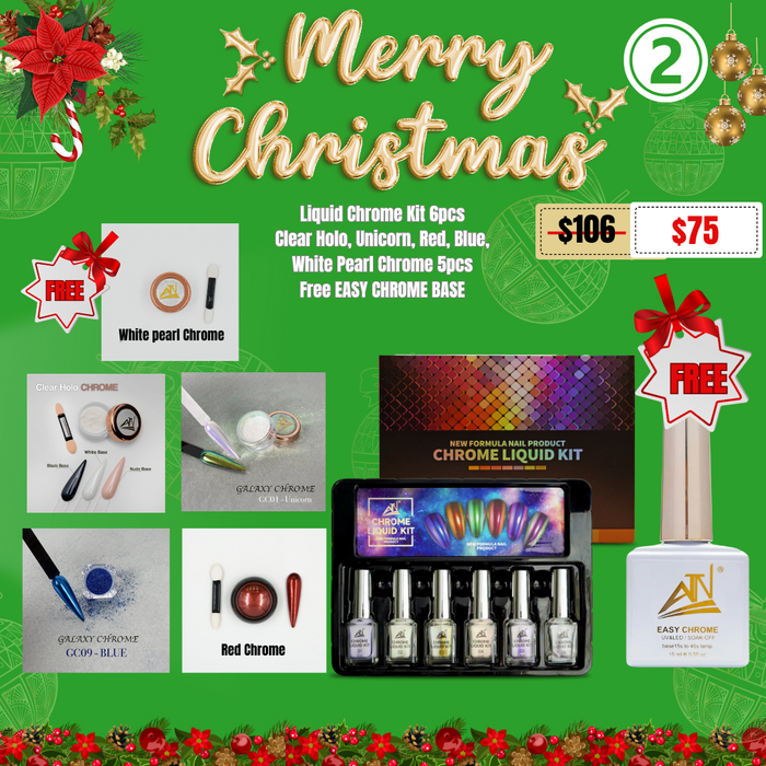 Christmas 2024 - Liquid Chrome kit 6pcs, Clear holo, Unicorn, Red, Blue, White Pearl Chrome powder Free 1 Easy Chrome (2)