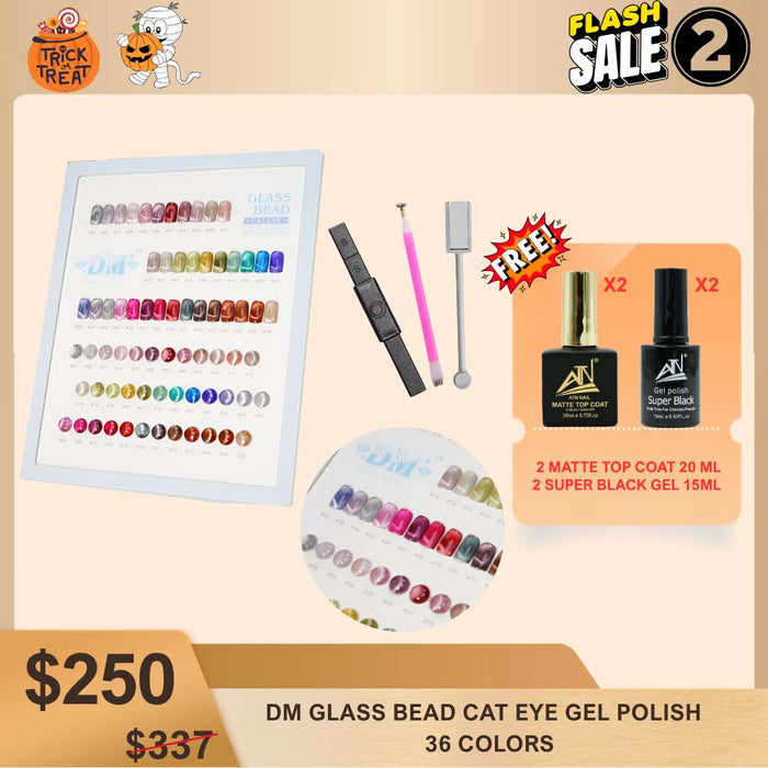 [FS1028] DEAL 02 - DM GLASS BEAD CATEYE GEL POLISH - 36 COLORS | FREE 2 MATTE + 2 BLACK GEL