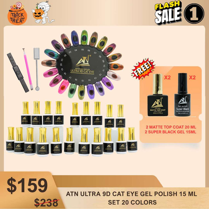 [FS1028] DEAL 01 - ATN ULTRA 9D CATEYE GEL POLISH 15ml - 20 COLORS | FREE 2 MATTE + 2 BLACK GEL