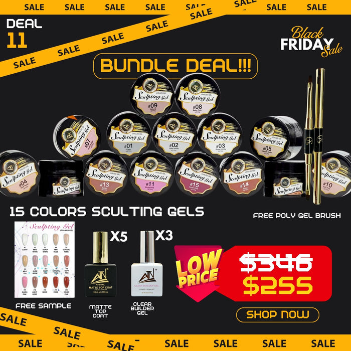 BLACK FRIDAY 2025 [11] - BUNDLE SCULTING GEL 15 COLORS + BRUSH + 5 MATTE TOP COAT + 3 BUILDER GEL