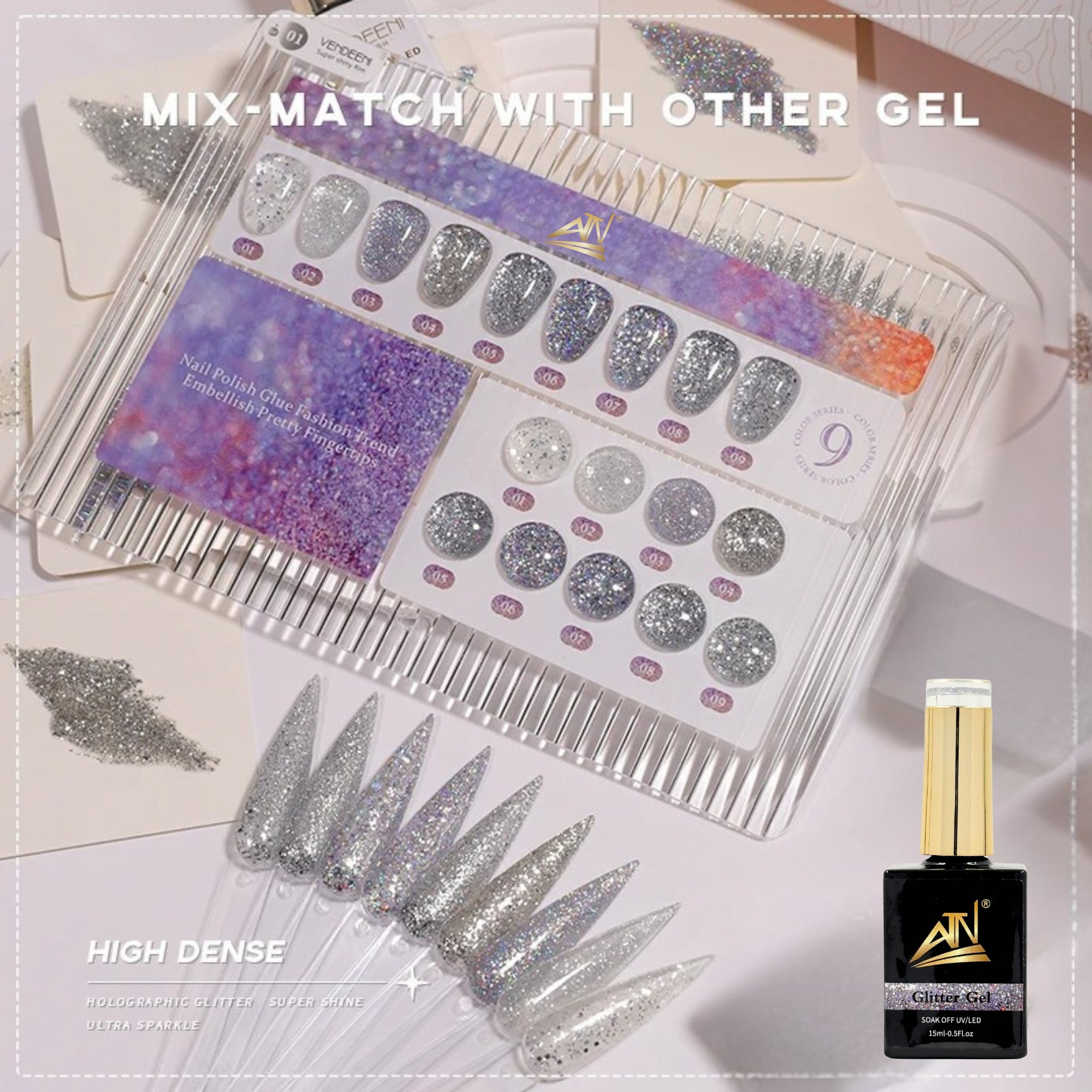 ATN Holographic Glitter Gel Polish - Set 9 Colors