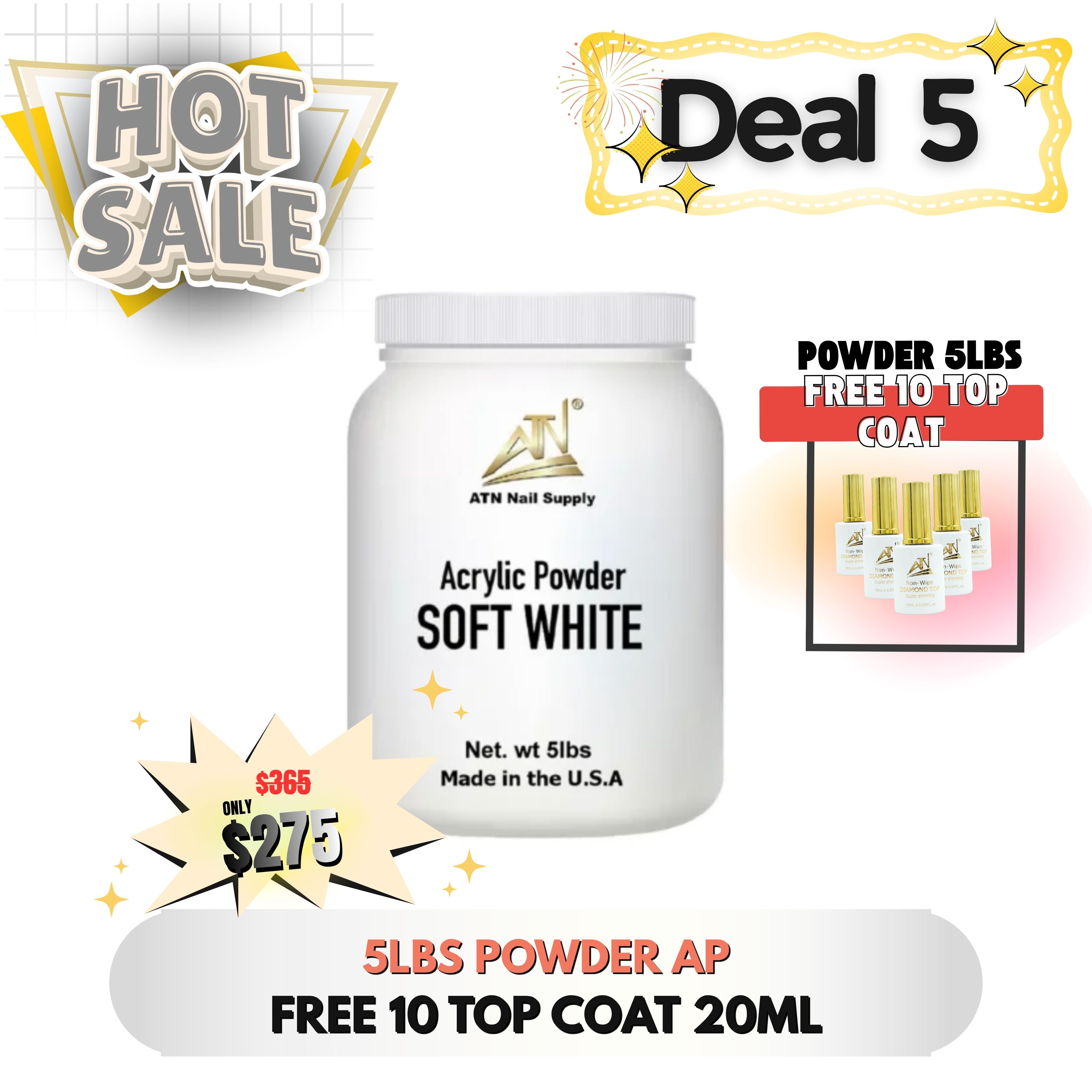 Deal 5: Buy 5lbs ATN Acrylic Powder (Soft White), Get 10 Top Coats (20ml) Free