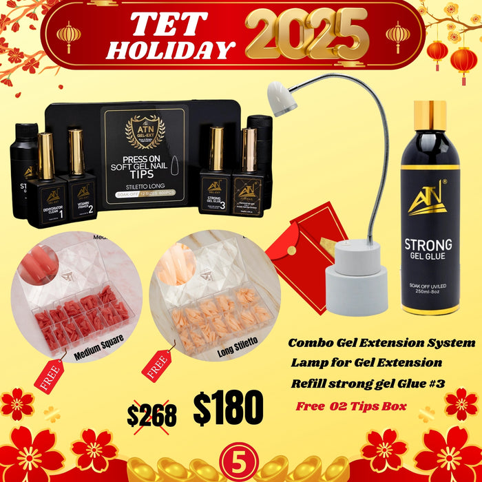 Tet Holiday 2025 - Combo Gel Extension System - Lamp for Gel Extension Refill strong gel Glue #3 Free  02 Tips Box