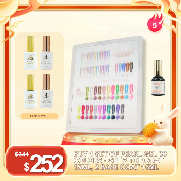 FS0923 – BUY 1 PEARL GEL 36 COLORS GET 2 TOP COAT 15ML, 2 BASE COAT 15ML