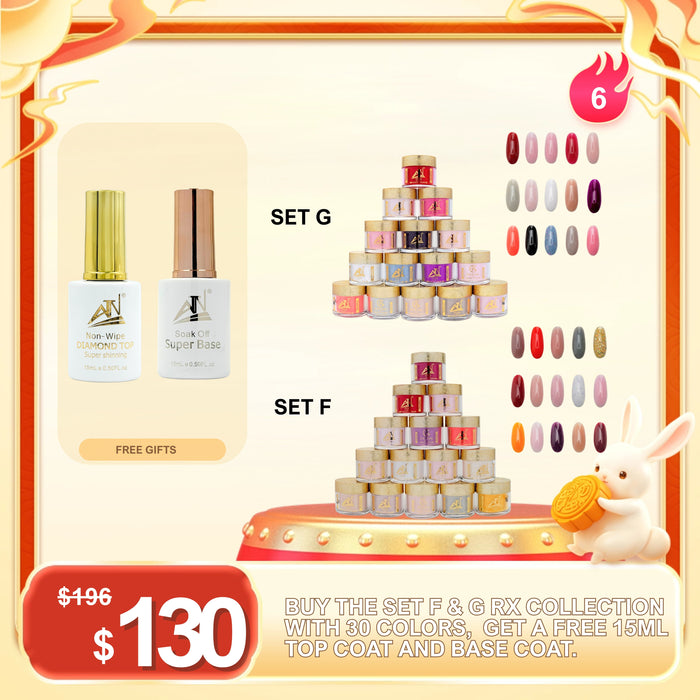 FS0923 – BUY RX SET F & G 30 COLORS GET 1 TOP COAT 15ML, 1 BASE COAT 15ML