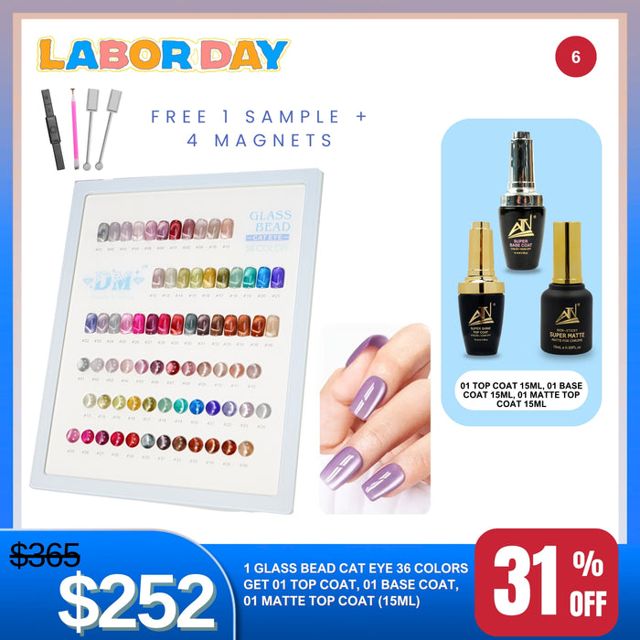 Labor Day - Glass Bead Cat Eye Gel – 36 Colors + Free 1 Sample, 4 Magnets, 1 Top Coat 15ml, 1 Base Coat 15ml, 1 Matte Top Coat 15ml