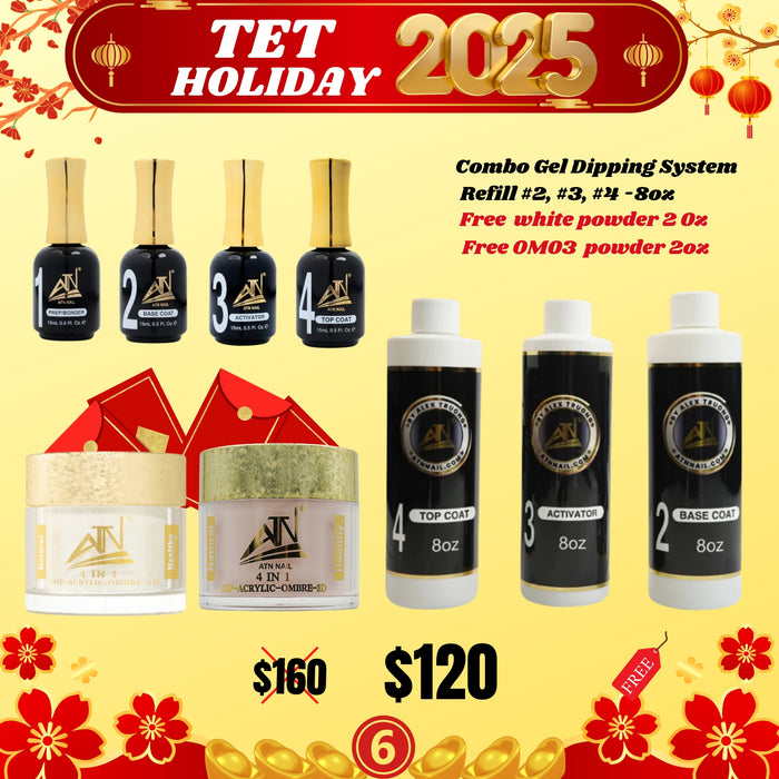 Tet Holiday 2025 - Combo Gel Dipping System Refill #2, #3, #4 -8oz - Free white powder 2 0z, OM03  powder 2oz